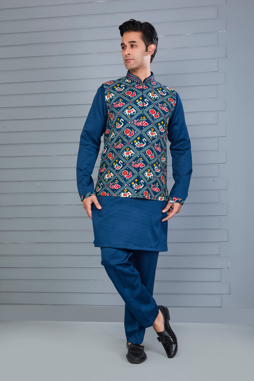 Festive Occasion Patola Printed Royal Blue Men’s Kurta Jacket Set
