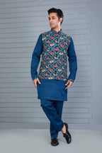 Festive Occasion Patola Printed Royal Blue Men’s Kurta Jacket Set
