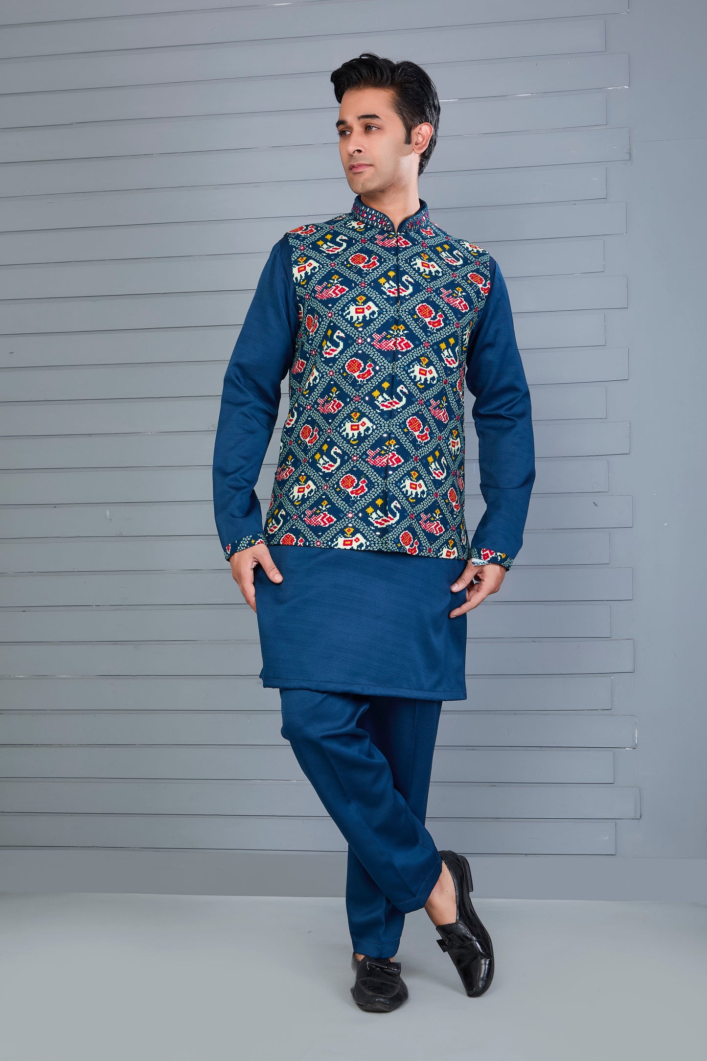 Festive Occasion Patola Printed Men’s Kurta Jacket Set