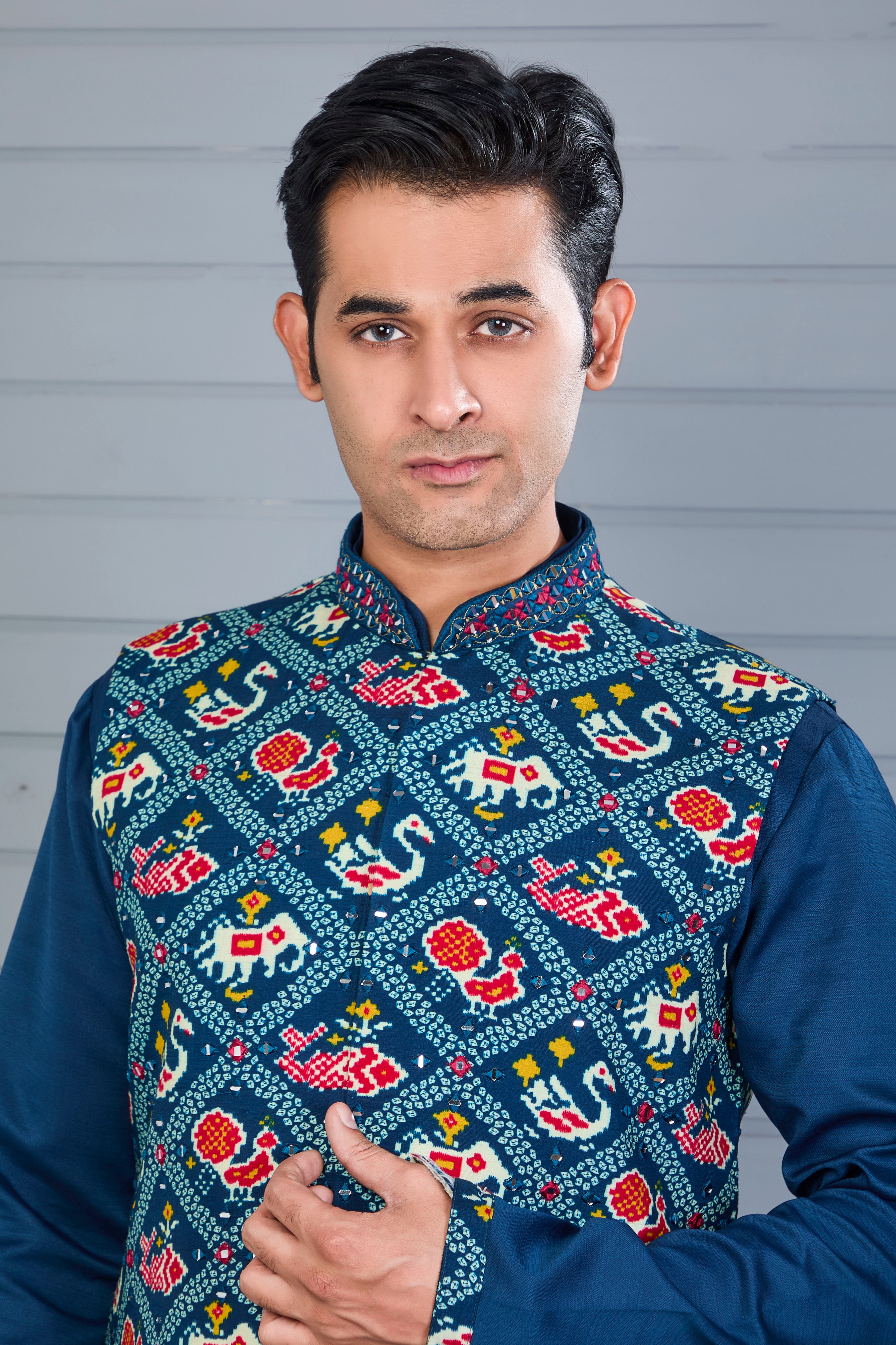 Festive Occasion Patola Printed Royal Blue Men’s Kurta Jacket Set