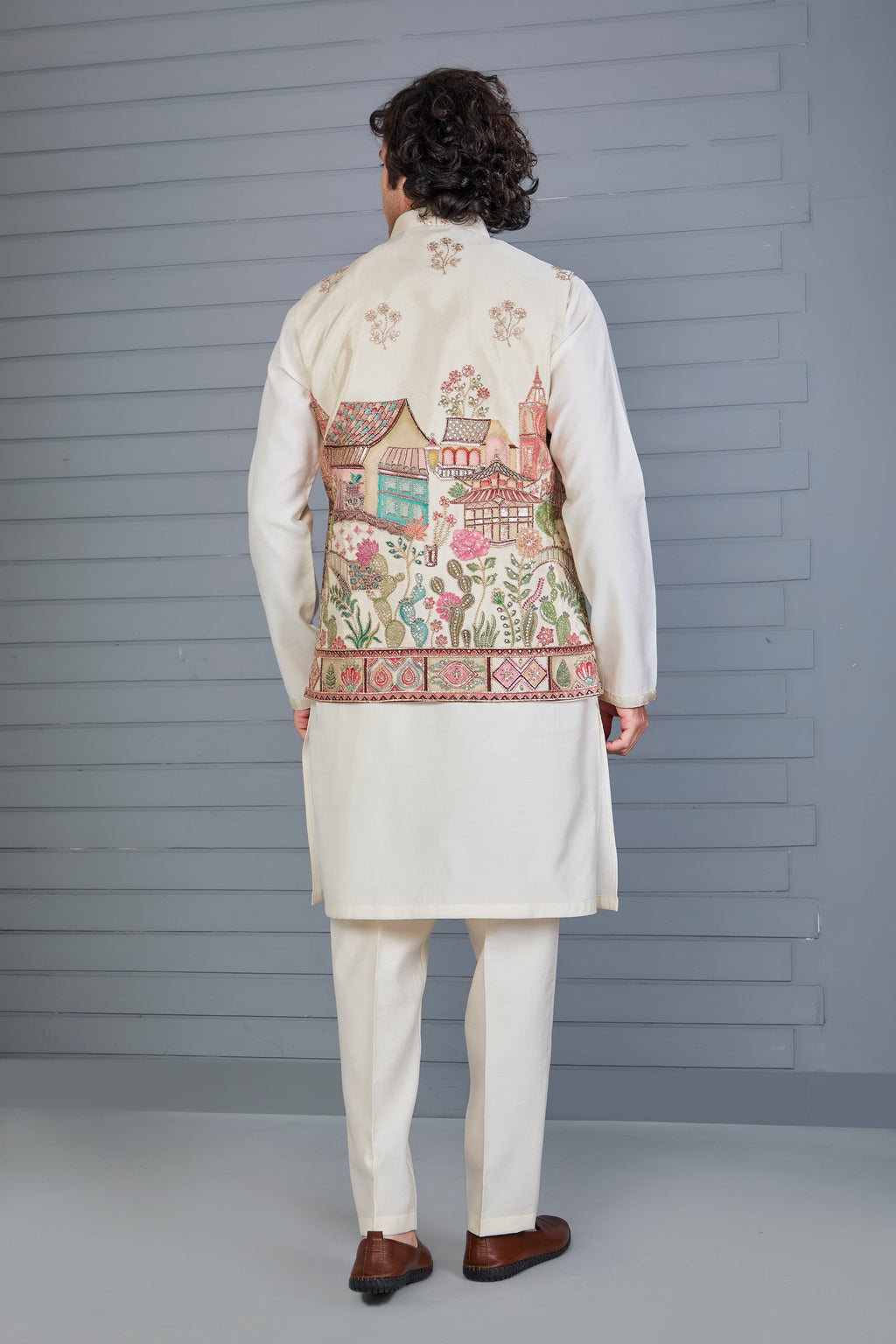 Men’s Raw Silk Printed Cream Kurta Jacket Set for Wedding