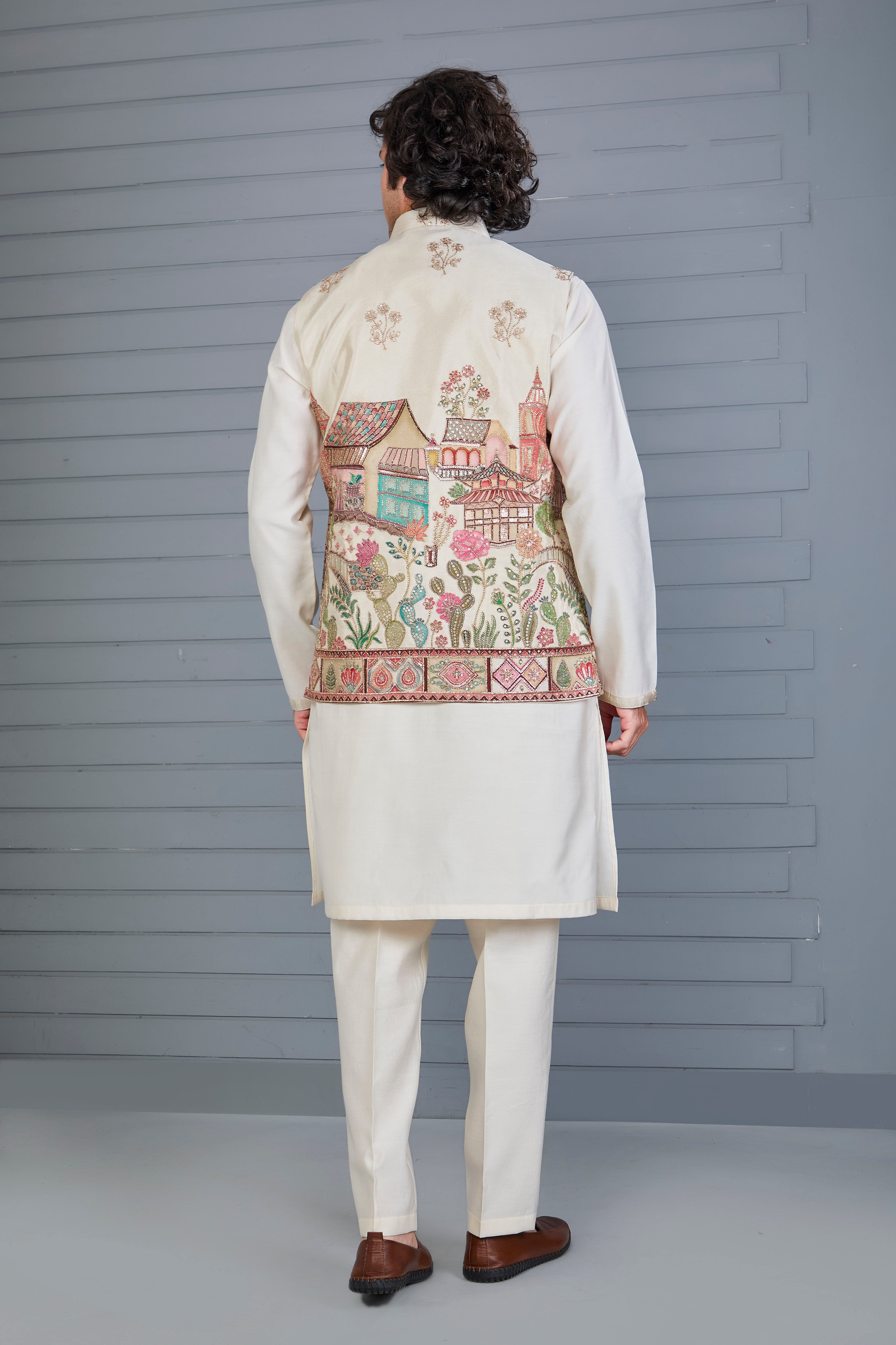 Men’s Raw Silk Printed Cream Kurta Jacket Set for Wedding