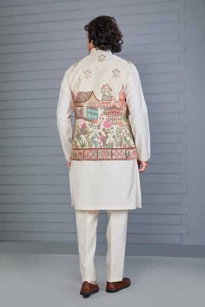 Men's Raw Silk Printed Cream Kurta Jacket Set