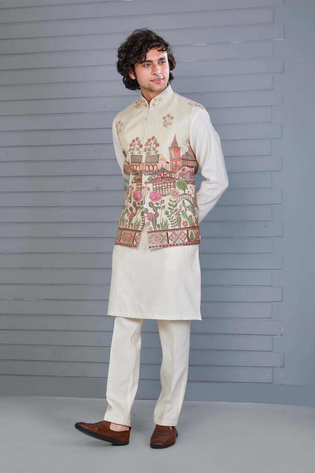 Men’s Raw Silk Printed Cream Kurta Jacket Set for Wedding