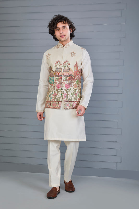 Men's Raw Silk Printed Cream Kurta Jacket Set