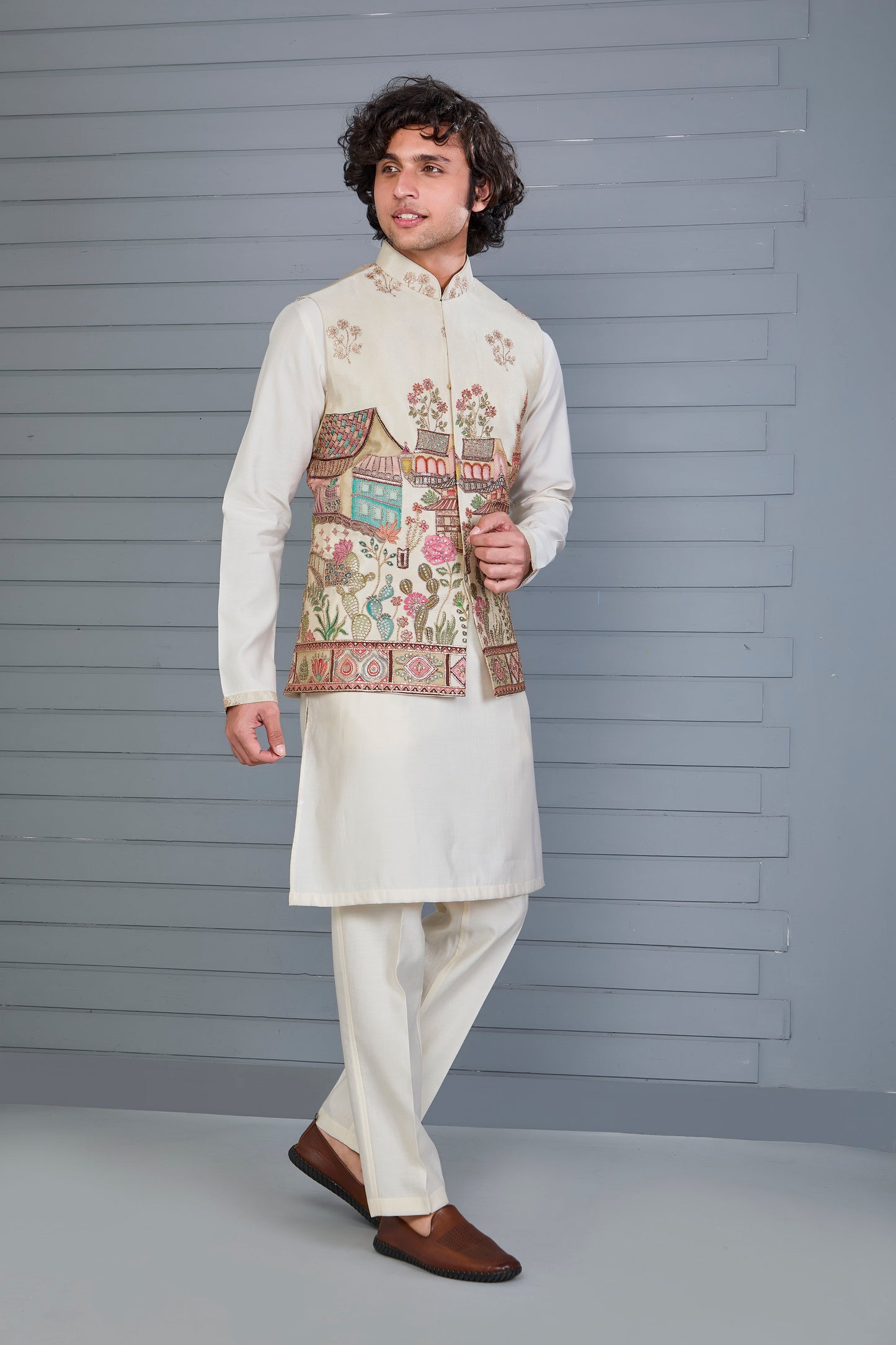 Men's Raw Silk Printed Cream Kurta Jacket Set