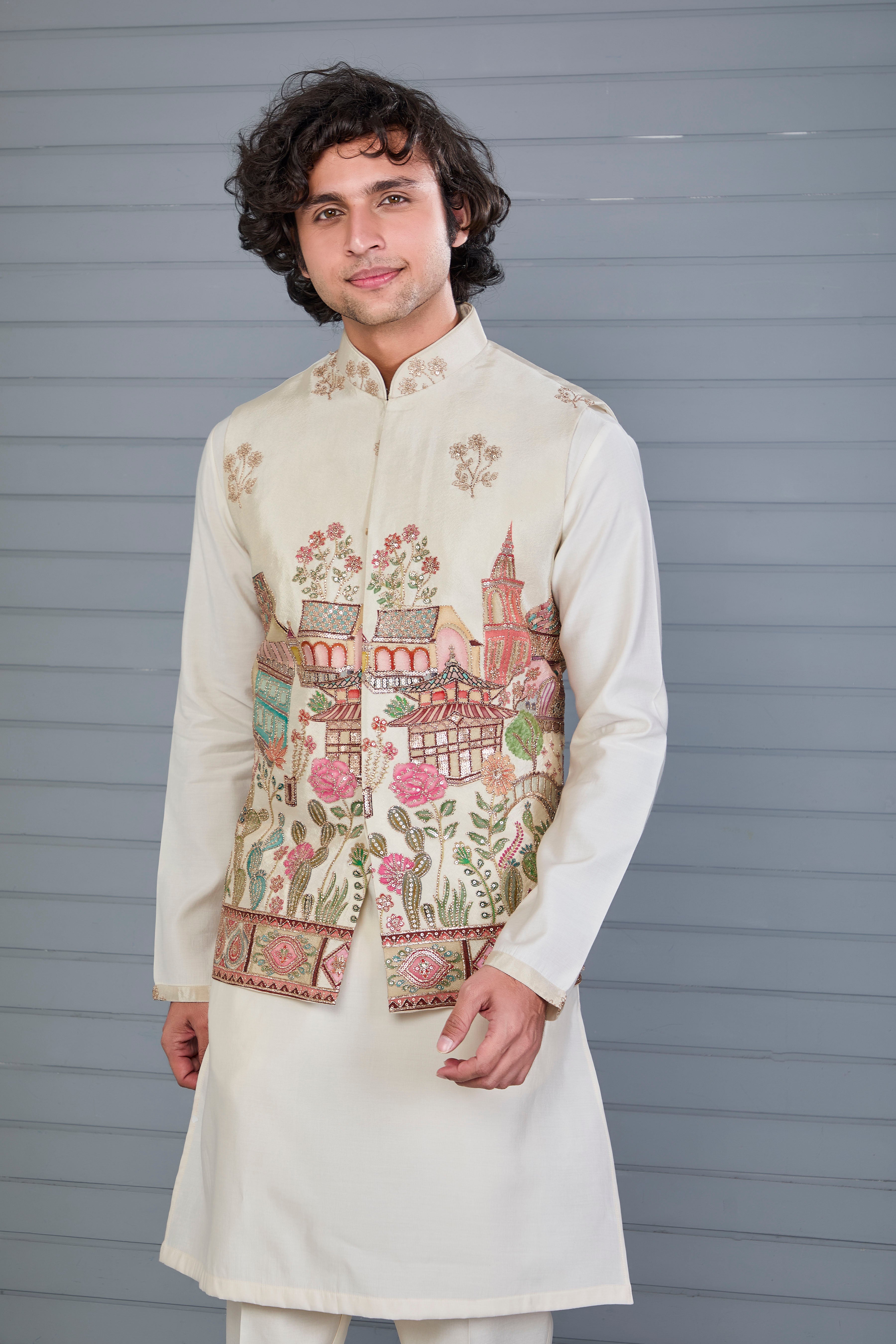 Men’s Raw Silk Printed Cream Kurta Jacket Set for Wedding