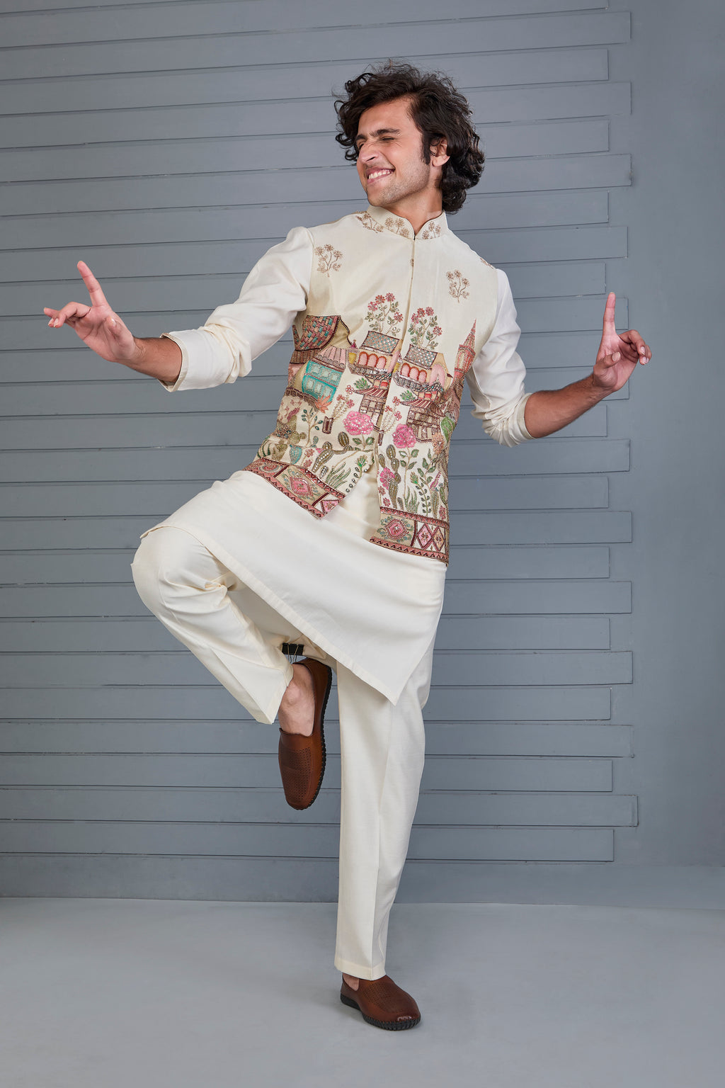 Men’s Raw Silk Printed Cream Kurta Jacket Set for Wedding