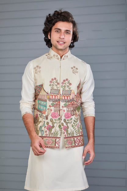 Men's Raw Silk Printed Cream Kurta Jacket Set