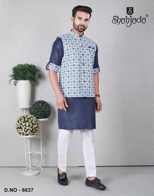 Art Linen Kurta Jacket Set with Pants for Men
