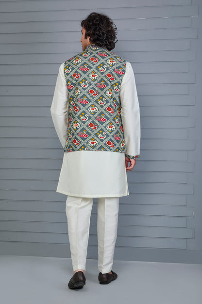 Men’s Printed Kurta Jacket Set in Off white and Grey