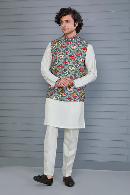 Men’s Printed Kurta Jacket Set in Off white and Grey