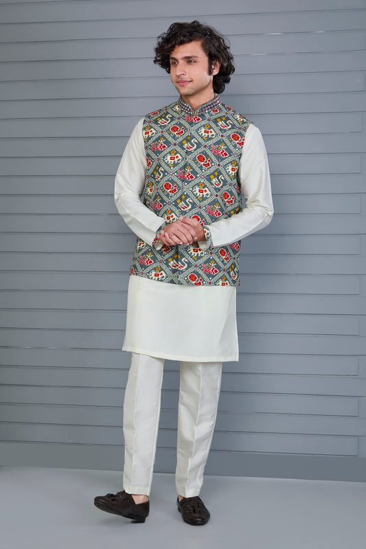 Men’s Printed Kurta Jacket Set in Off white and Grey