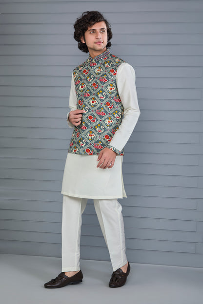 Men’s Printed Kurta Jacket Set in Off white and Grey