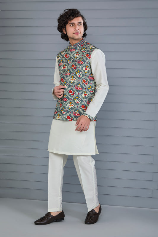 Men’s Printed Kurta Jacket Set in Off white and Grey