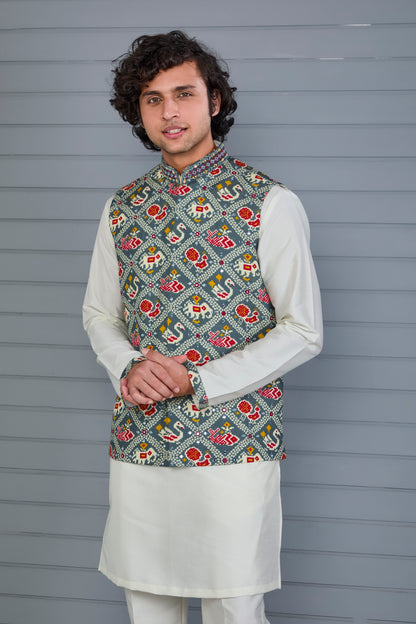 Men’s Printed Kurta Jacket Set in Off white and Grey