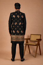 Peacock Black Raw Silk Indo-Western for Men – Modern Wedding Wear