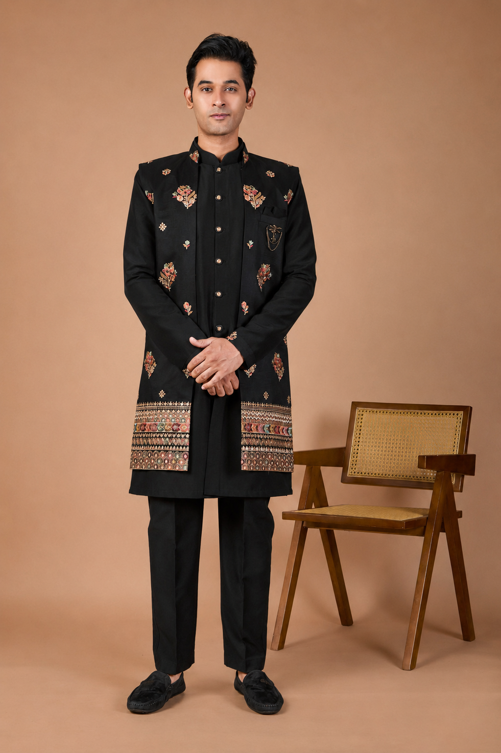 Peacock Black Raw Silk Indo-Western for Men – Modern Wedding Wear