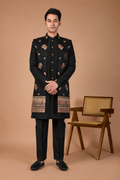 Peacock Black Raw Silk Indo-Western for Men – Modern Wedding Wear