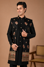 Peacock Black Raw Silk Indo-Western for Men – Modern Wedding Wear