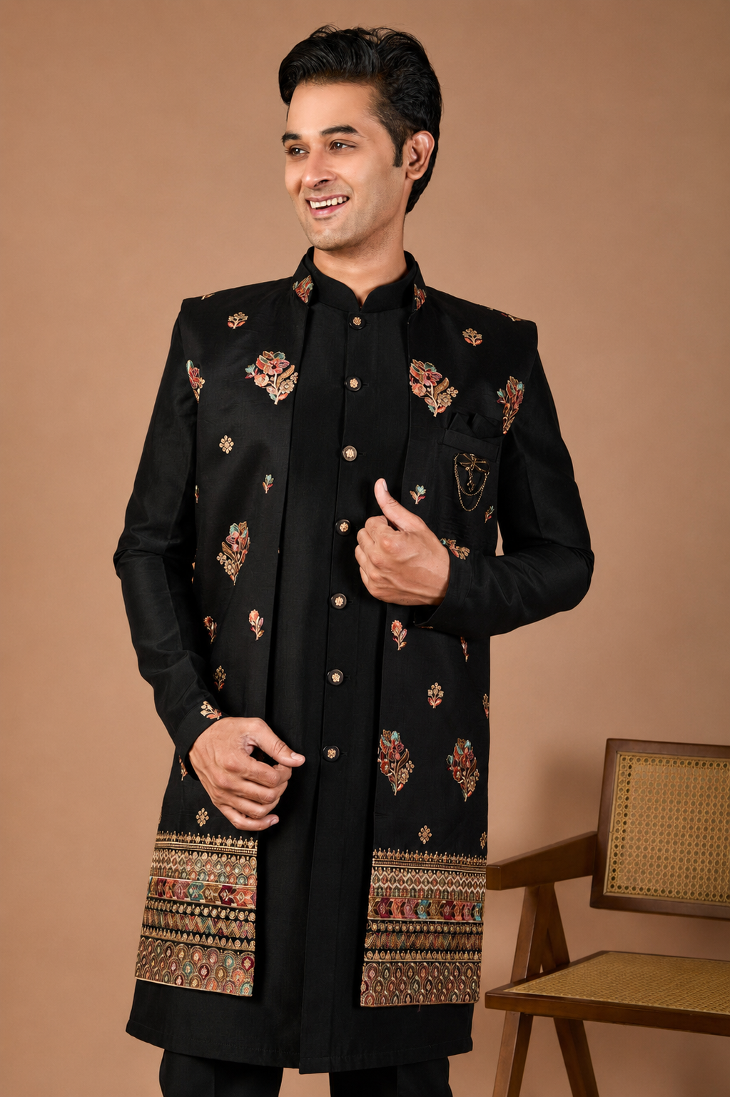 Peacock Black Raw Silk Indo-Western for Men – Modern Wedding Wear