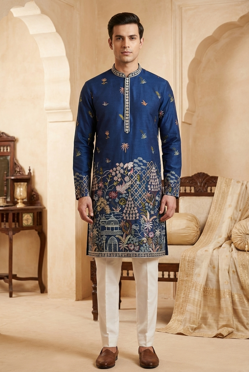 Deep Blue Silk Embroidered Short Kurta Set | Wedding Short Kurta for Men