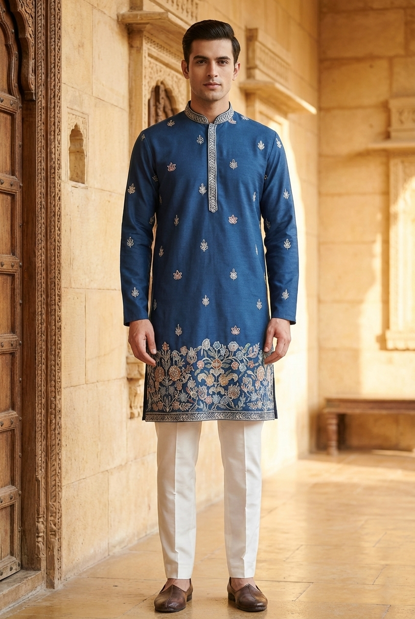 Blue Silk Embroidered Short Kurta Set | Men's Wedding & Festive Wear