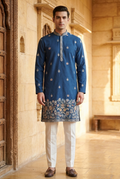 Blue Silk Embroidered Short Kurta Set | Men's Wedding & Festive Wear