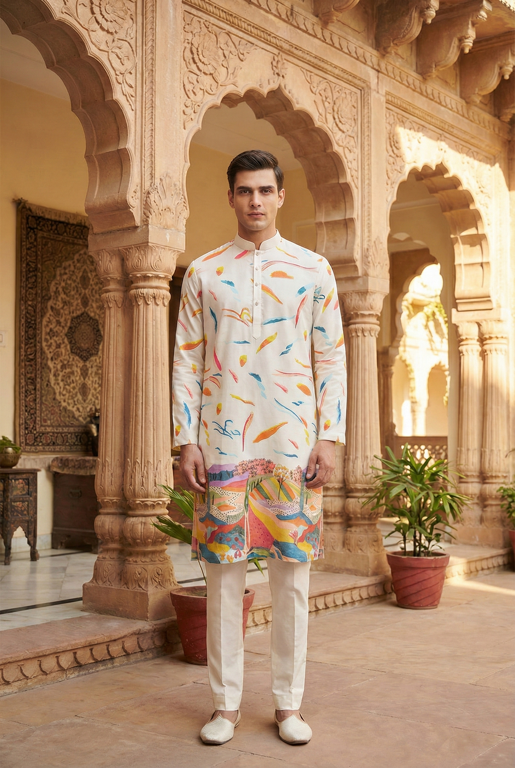 White Silk Embroidered Short Kurta Set | Men's Engagement & Wedding Ethnic Wear