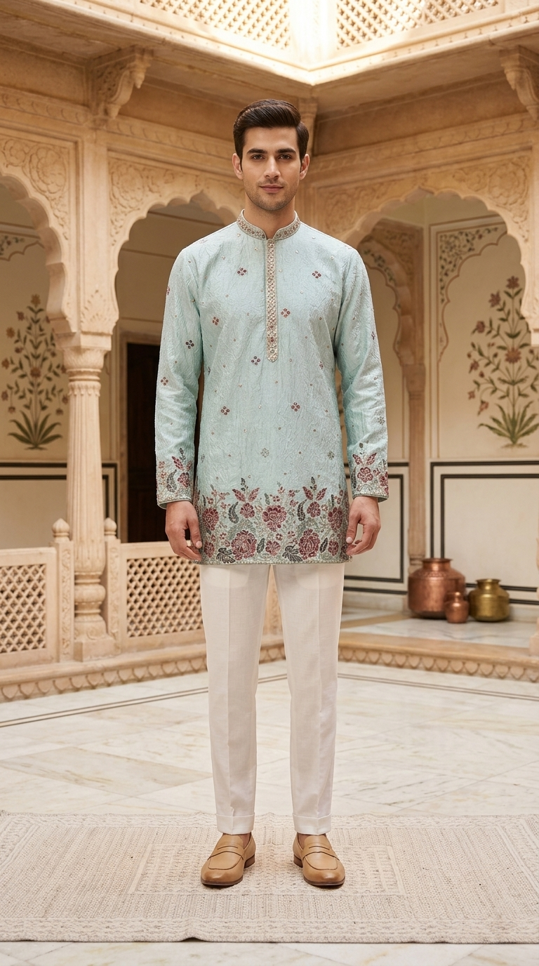 Sky Blue Silk Embroidered Short Kurta Set with Korean Pants | Men's Wedding Ethnic Wear