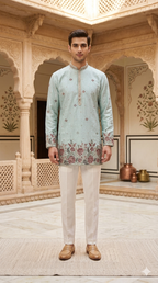 Sky Blue Silk Embroidered Short Kurta Set with Korean Pants | Men's Wedding Ethnic Wear