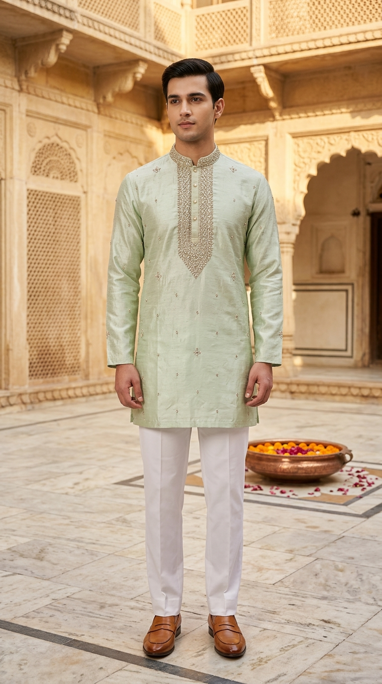 Mint Green Silk Embroidered Short Kurta Set with Korean Pants | Groom Squad Collection