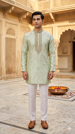 Mint Green Silk Embroidered Short Kurta Set with Korean Pants | Groom Squad Collection