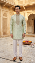Mint Green Silk Embroidered Short Kurta Set with Korean Pants | Groom Squad Collection
