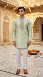 Mint Green Silk Embroidered Short Kurta Set with Korean Pants | Groom Squad Collection
