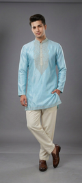 Rich Sky Blue Silk Embroidered Short Kurta Set with Korean Pants | Premium Men's Ethnic Wear
