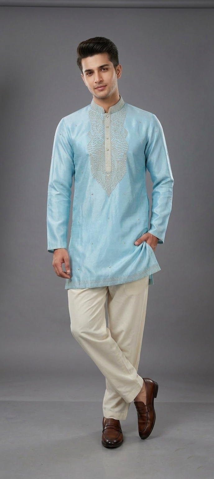 Rich Sky Blue Silk Embroidered Short Kurta Set with Korean Pants | Premium Men's Ethnic Wear