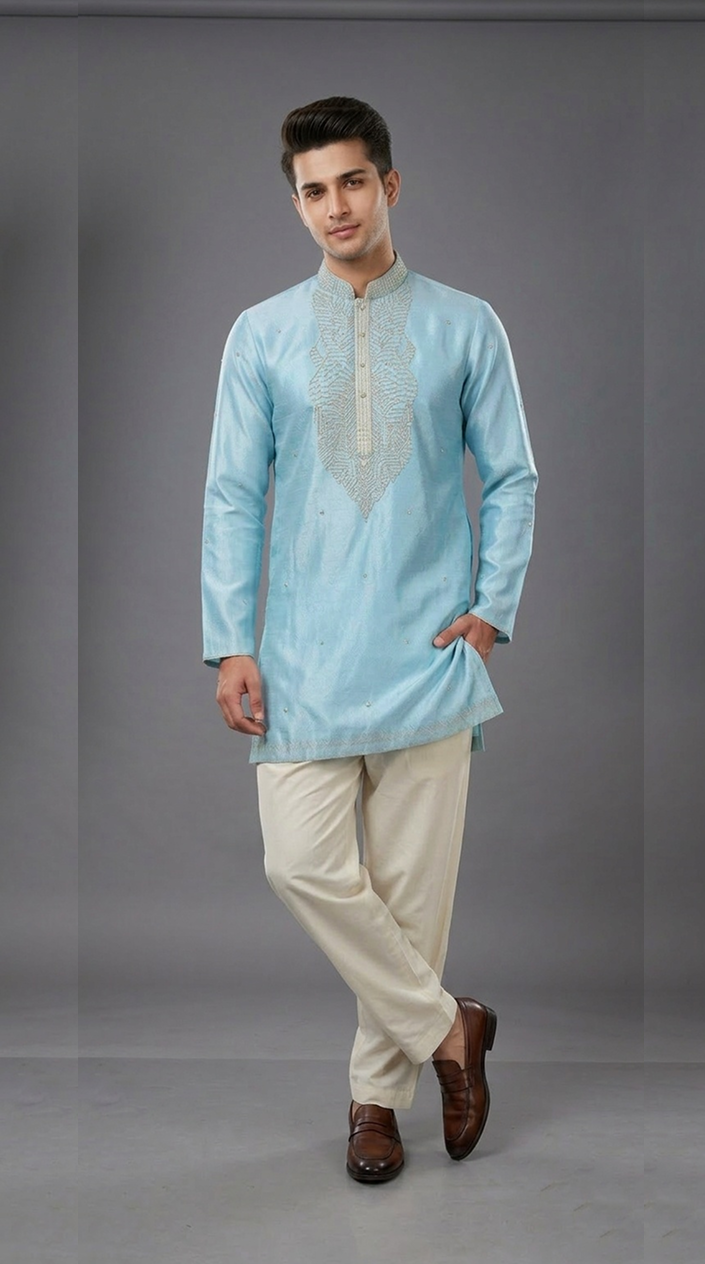 Rich Sky Blue Silk Embroidered Short Kurta Set with Korean Pants | Premium Men's Ethnic Wear