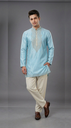 Rich Sky Blue Silk Embroidered Short Kurta Set with Korean Pants | Premium Men's Ethnic Wear