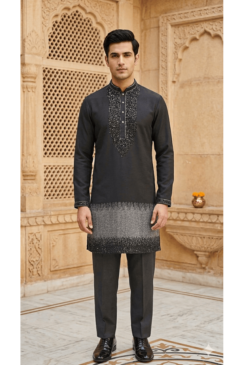 Black Silk Embroidered Short Kurta Set with Korean Pants | Sangeet & Engagement Wear for Men