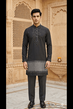 Black Silk Embroidered Short Kurta Set with Korean Pants | Sangeet & Engagement Wear for Men