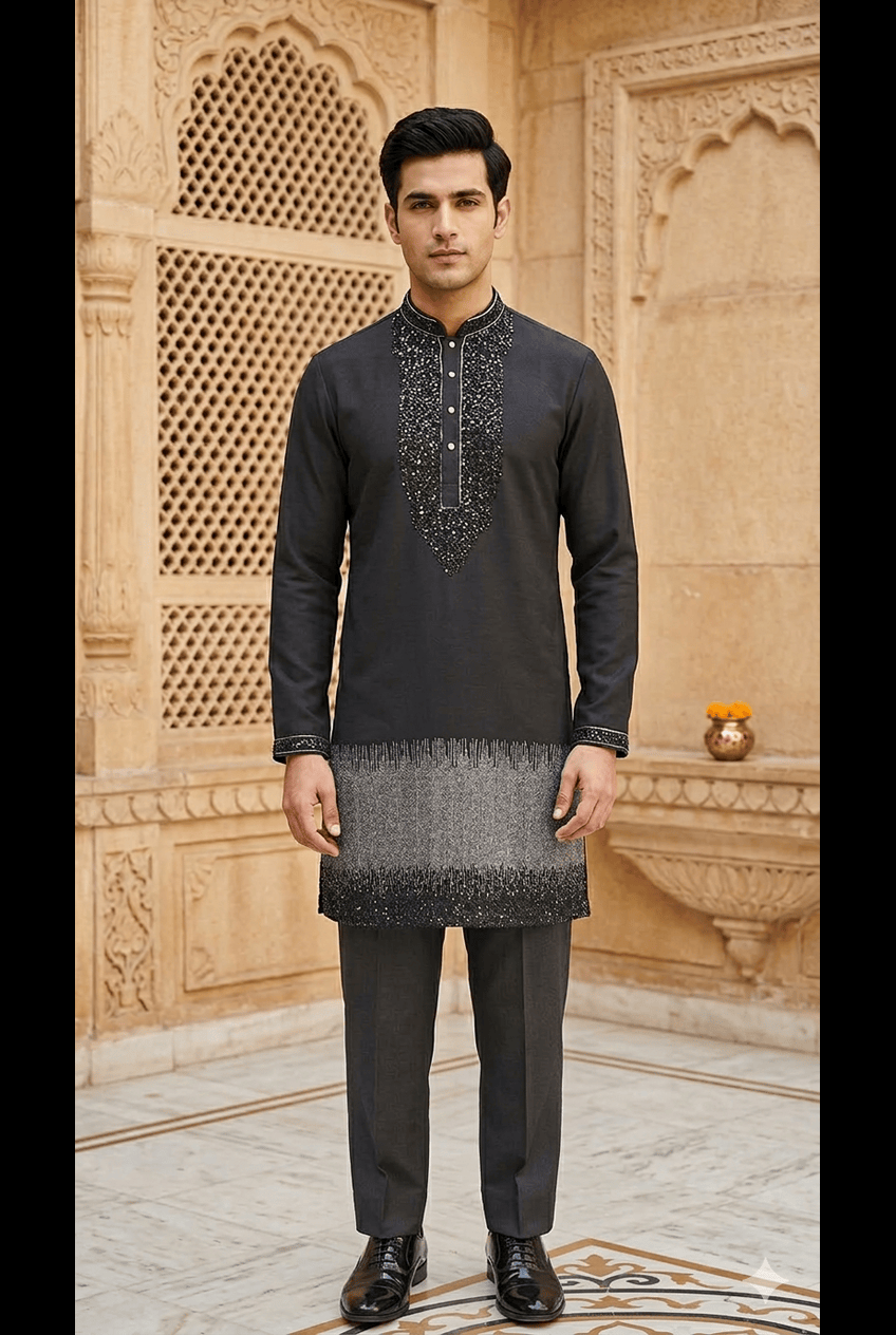 Black Silk Embroidered Short Kurta Set with Korean Pants | Sangeet & Engagement Wear for Men