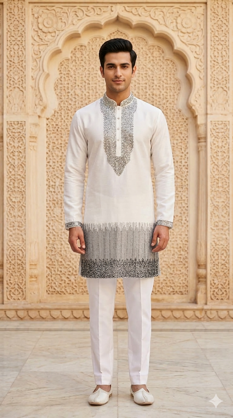Pearl White Silk Embroidered Short Kurta Set with Korean Pants | Engagement & Sangeet Wear for Men