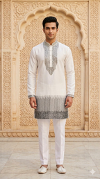 Pearl White Silk Embroidered Short Kurta Set with Korean Pants | Engagement & Sangeet Wear for Men