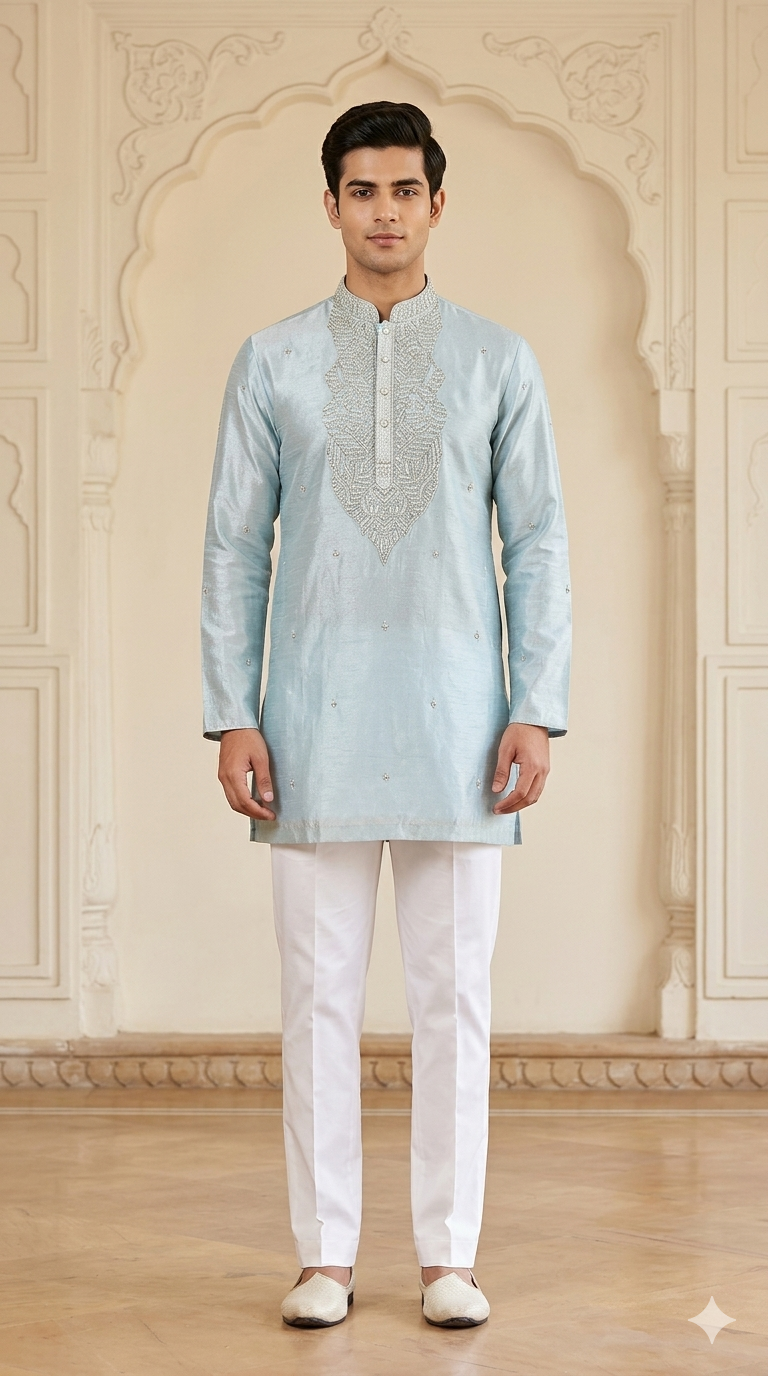 Sky Blue Silk Embroidered Short Kurta Set with Korean Pants | Men's Groom Squad Wear