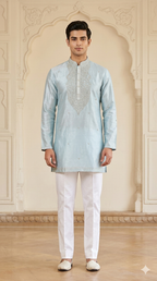 Sky Blue Silk Embroidered Short Kurta Set with Korean Pants | Men's Groom Squad Wear