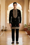 Midnight Black Silk Embroidered Short Kurta Set with Korean Pants | Men's Sangeet Night Ethnic Wear
