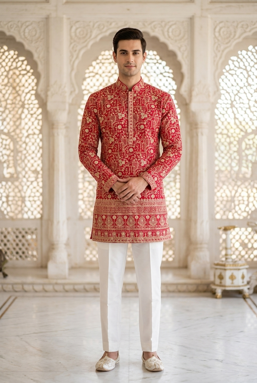 Rani Pink Silk Embroidered Short Kurta Set with Korean Pants | Premium Sangeet Wear for Men