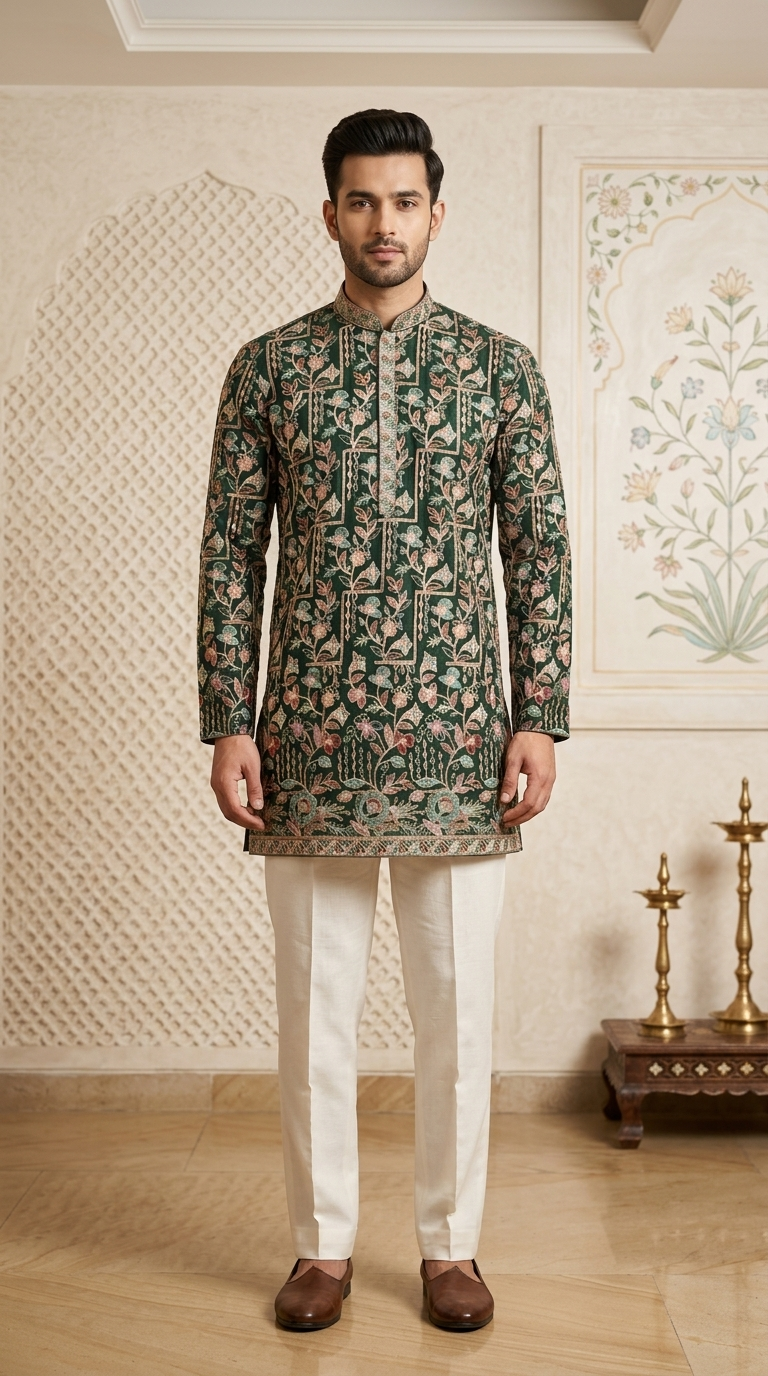 Emerald Green Silk Embroidered Short Kurta Set with Korean Pants | Men's Mehendi Outfit