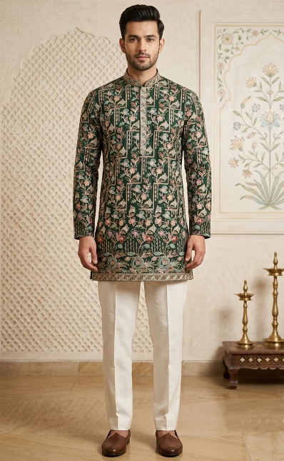 A man modeling a dark green embroidered kurta with intricate floral patterns, paired with off-white trousers and brown loafers, standing in a decorated indoor setting.